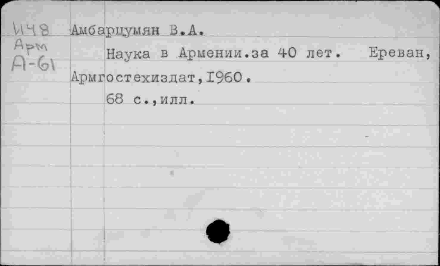 ﻿лив	Амбарцумян В.А.	
		Наука в Армении.за 40 лет. Ереван,
	Армгостехиэдат,1960.	
		68 с.,илл.
		
		-
		
		
		
		
		
		